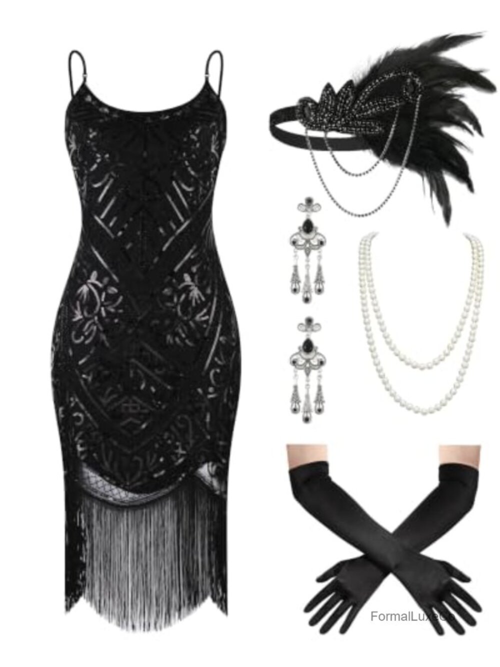 Sequin Fringe Flapper Dress 5-Piece Costume Set Polyester 1920s Gatsby